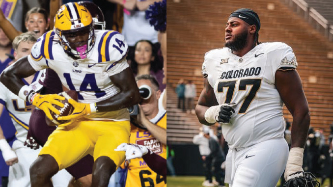 Split image of college football players: left, LSU player #14 gripping the ball in yellow pants; right, Colorado player #77 in white on the field.