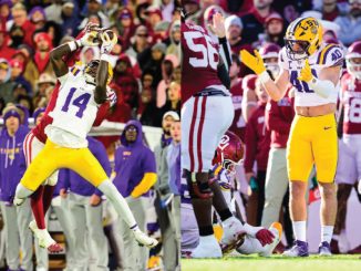 Split-image of LSU players in purple and gold catching passes in the end zone during a game, with fans cheering in the stands.