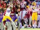 Split-image of LSU players in purple and gold catching passes in the end zone during a game, with fans cheering in the stands.