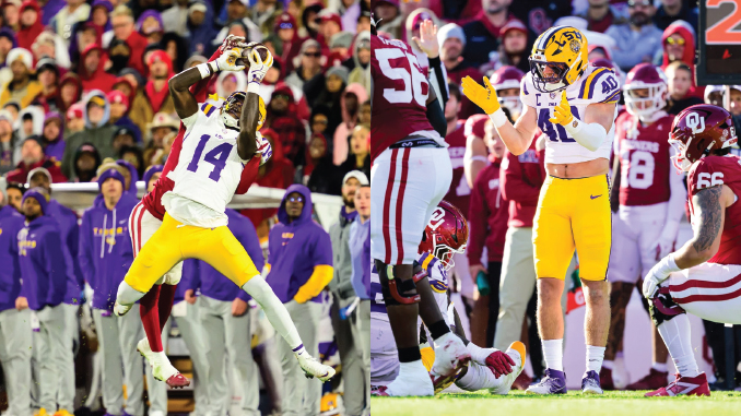 Split-image of LSU players in purple and gold catching passes in the end zone during a game, with fans cheering in the stands.