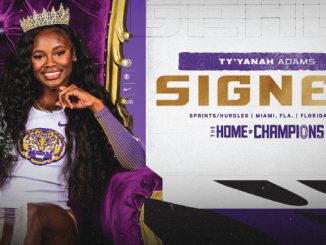 Portrait of Ty'yanah Adams wearing a crown, sitting on a purple throne beside a poster that reads SIGNED and Home of Champions.