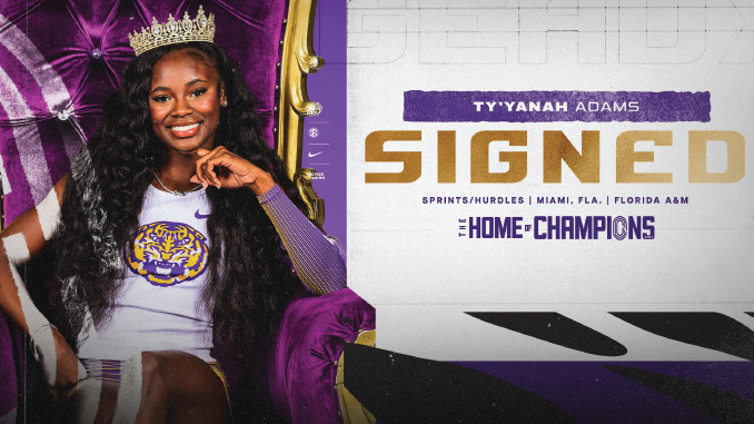 Portrait of Ty'yanah Adams wearing a crown, sitting on a purple throne beside a poster that reads SIGNED and Home of Champions.
