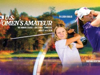 Banner for the USGA U.S. Women's Amateur featuring two young golfers mid-swing on a colorful backdrop with event details and dates.