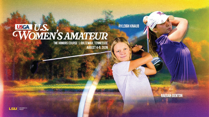 Banner for the USGA U.S. Women's Amateur featuring two young golfers mid-swing on a colorful backdrop with event details and dates.