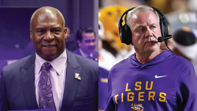 Two men side by side: left is a bald man in a navy suit and patterned tie; right is an LSU football coach in a purple hoodie with a headset.