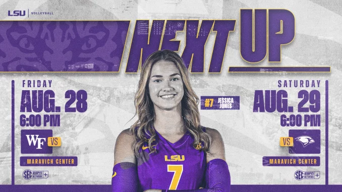 LSU volleyball poster 'Next Up' with Jessica Jones (#7) in purple announcing Aug 28 and Aug 29 games at 6 PM.