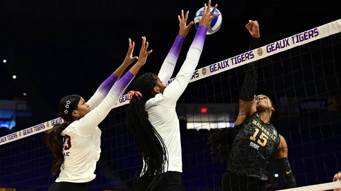 Volleyball players jump near the net for a block; two in white reach up as a ball sails above them, while a dark-uniform opponent attempts a spike.