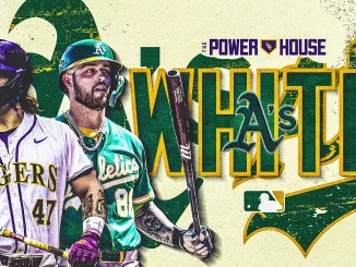 Two baseball players in LSU and Oakland Athletics uniforms stand against a vibrant green-and-gold collage with the word 'Athletics' in bold letters and 'The Power House' text above it.