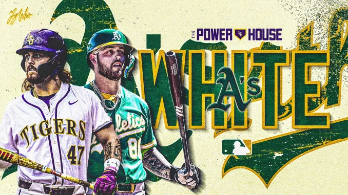 Two baseball players in LSU and Oakland Athletics uniforms stand against a vibrant green-and-gold collage with the word 'Athletics' in bold letters and 'The Power House' text above it.