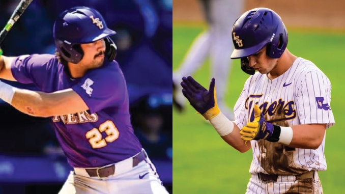 Two LSU Tigers baseball players: a batter in purple swings on the left, and a player in white pinstripes with a purple helmet on the right.