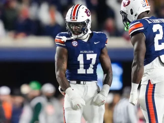 Two Auburn Tigers football players in blue jerseys on the field, #13 facing forward and #24 to the right, with fans blurred in the background.