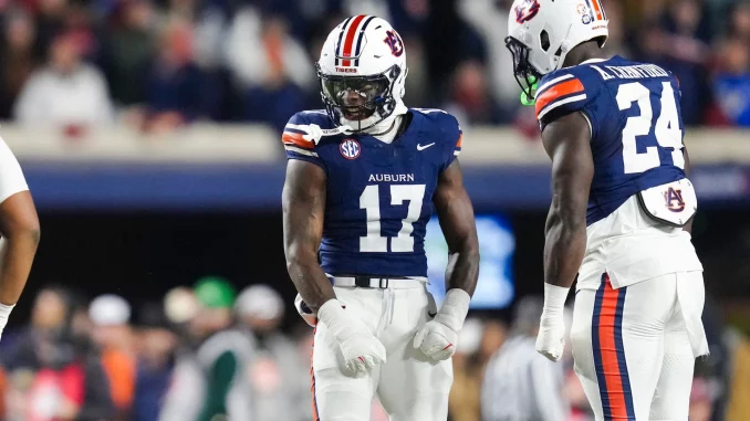 Two Auburn Tigers football players in blue jerseys on the field, #13 facing forward and #24 to the right, with fans blurred in the background.