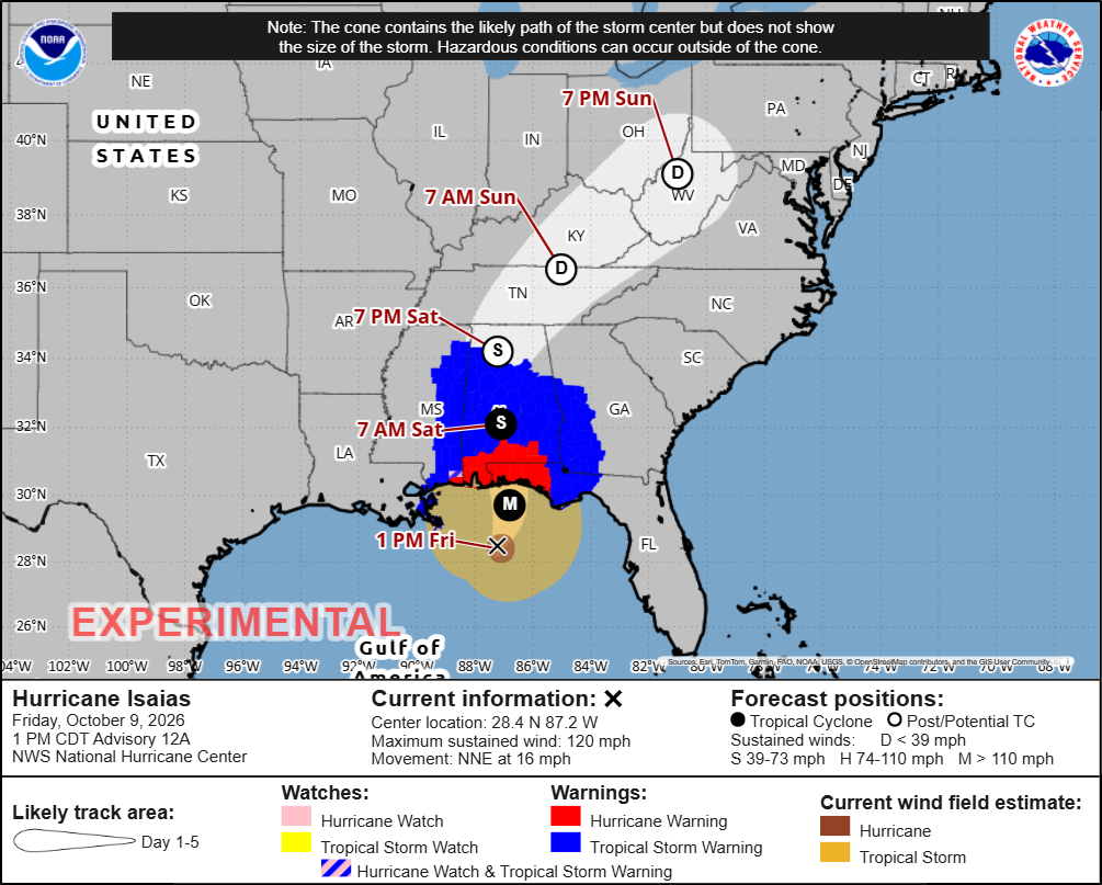 HurricaneIsaias_NationalWeatherService | TigerRag.com Forecast map for Hurricane Isaías with cone, track lines, and land areas across the southeastern U.S.