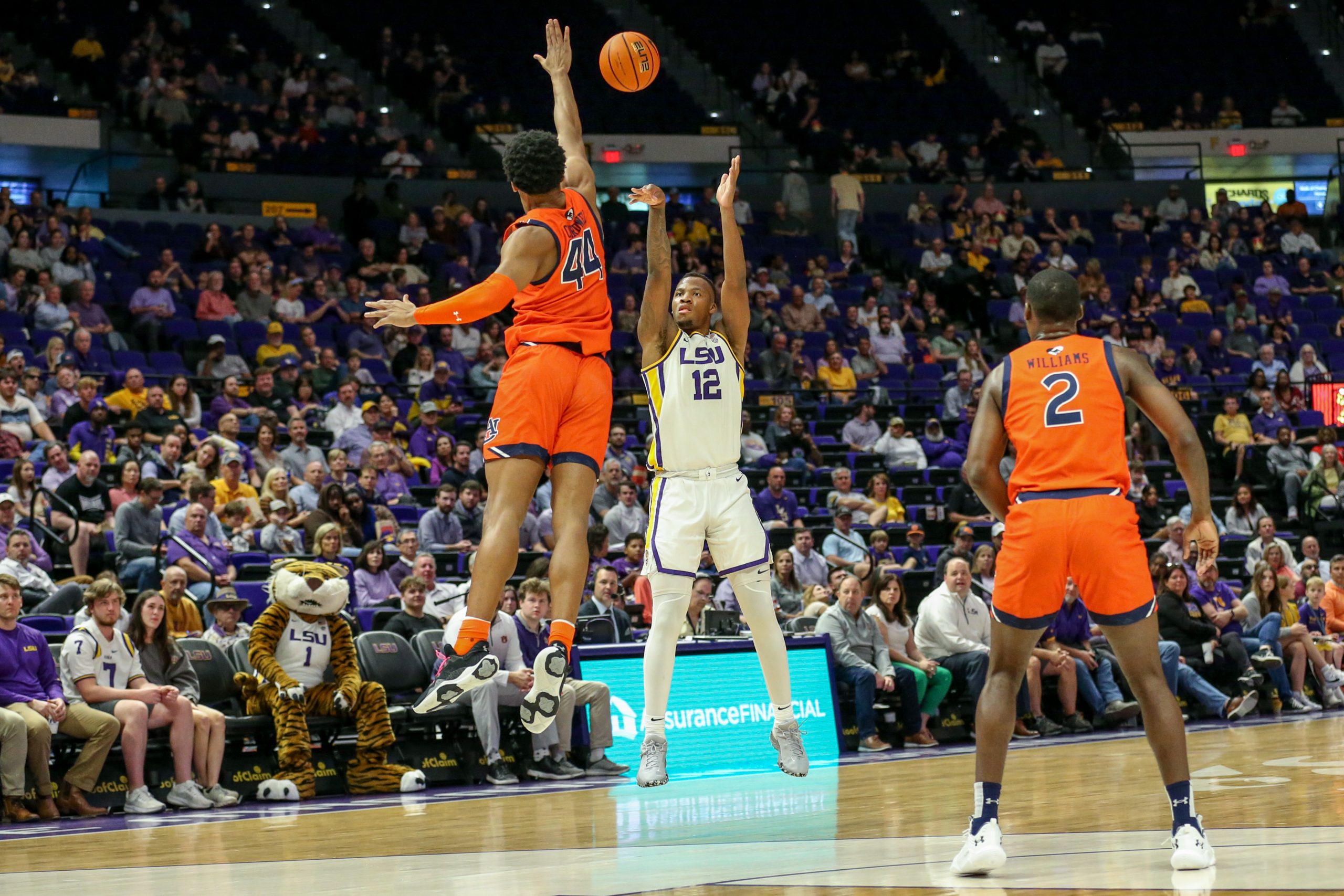 KJ Williams, LSU's leading scorer, launches a 3-point shot in the Tigers' loss to Auburn on January 18, 2023 in SEC play at the Pete Maravich Assembly Center