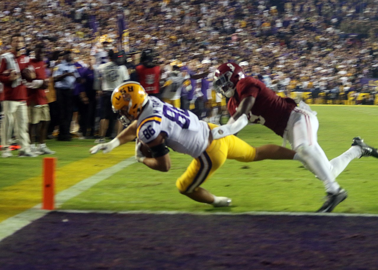 LSU freshman tight end Mason Taylor hauls in the winning two-point conversion pass from Jayden Daniels as LSU stunned Alabama and the world with a 32-31 victory that puts LSU in sole possession of first-place in the SEC West.