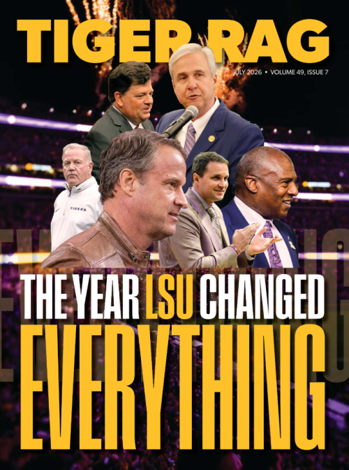 Magazine cover titled 'Tiger Rag' featuring several LSU figures superimposed over a stadium crowd, with the bold headline 'THE YEAR LSU CHANGED EVERYTHING' in yellow and white.